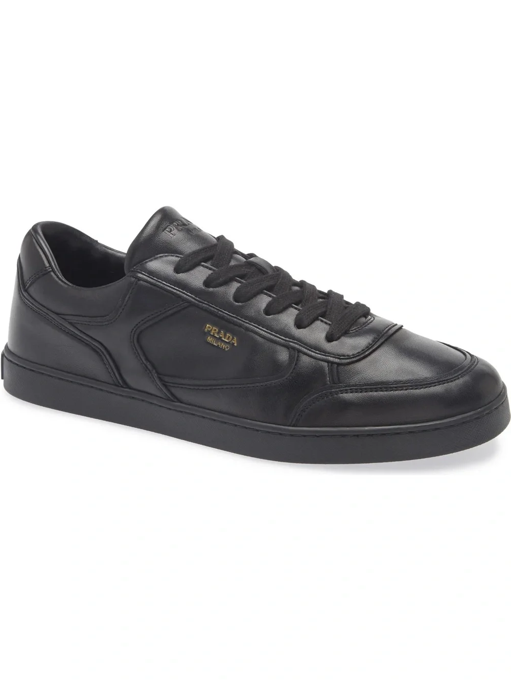 Prada Black Leather Low-Top Sneaker with Gold Logo